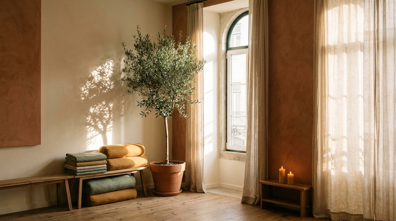 Stillpoint yin yoga studio interior with warm morning light, cream walls, and olive tree