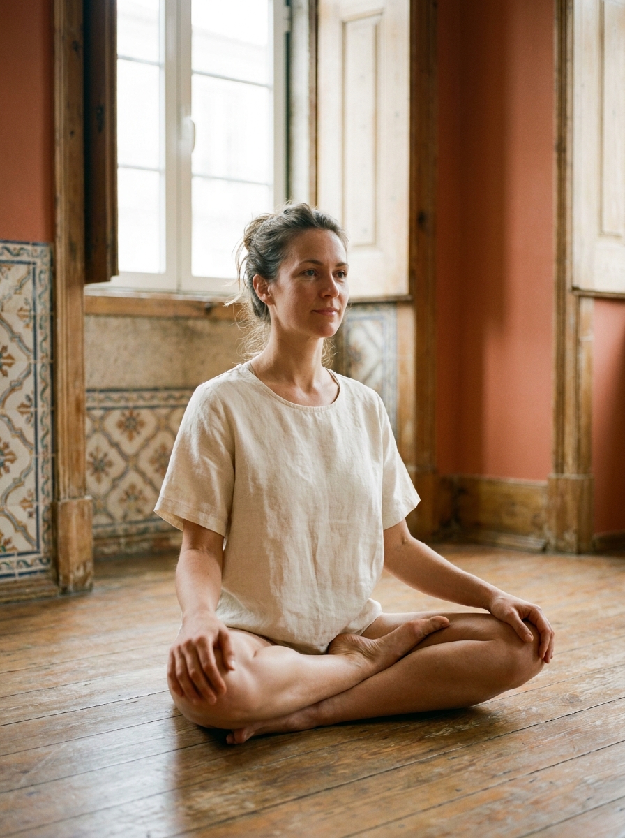 Yin yoga teacher seated on wooden floor in warm natural light